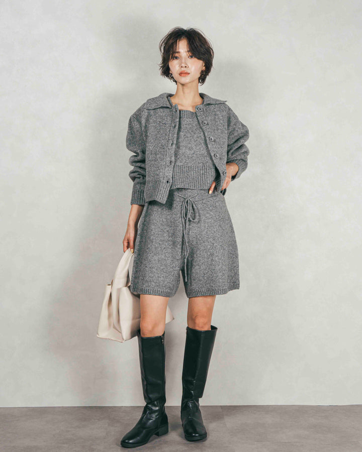 ［SET］Cloudyメランジ襟付きカーディガン+Cloudyメランジクロップドベスト+Cloudyメランジハーフパンツ（3SET）