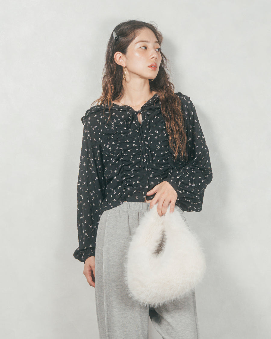 【再々入荷】Flowerプリントフリルブラウス (BLACK)