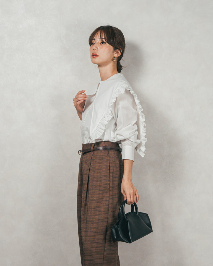 ［SET］2WAYビッグフリルカラーブラウス+Effortless チェックタックパンツ（2SET）