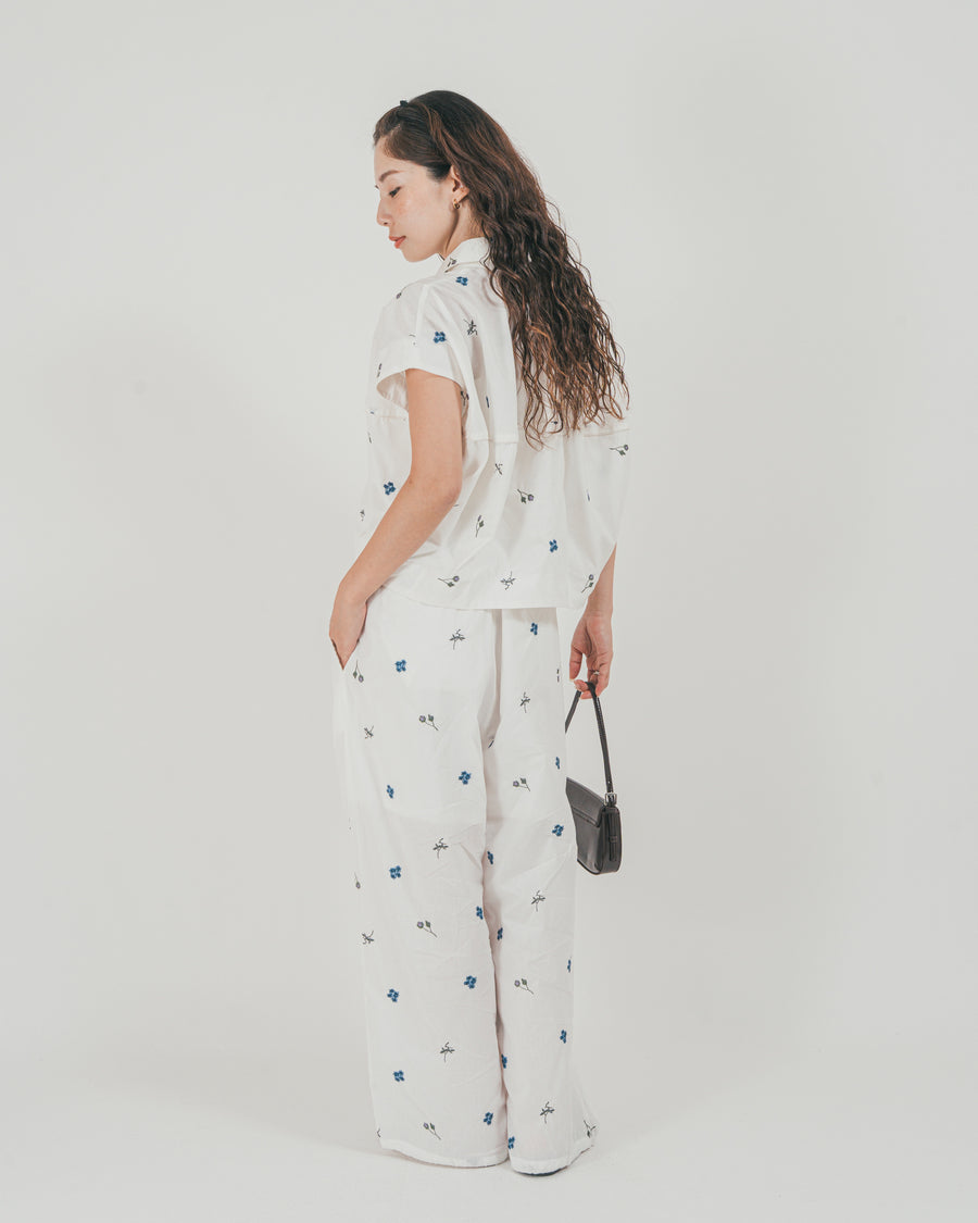 ［SET］Flower刺繍コクーンシャツ + Flower刺繍リラックスパンツ（2SET）