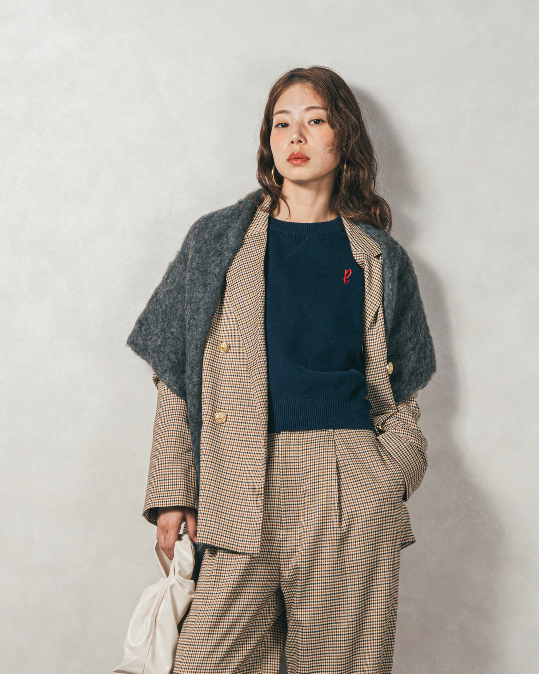 ［SET］スウェットライクロゴ刺繍ニット+Effortless チェックジャケット+Effortless チェックタックパンツ（3SET）