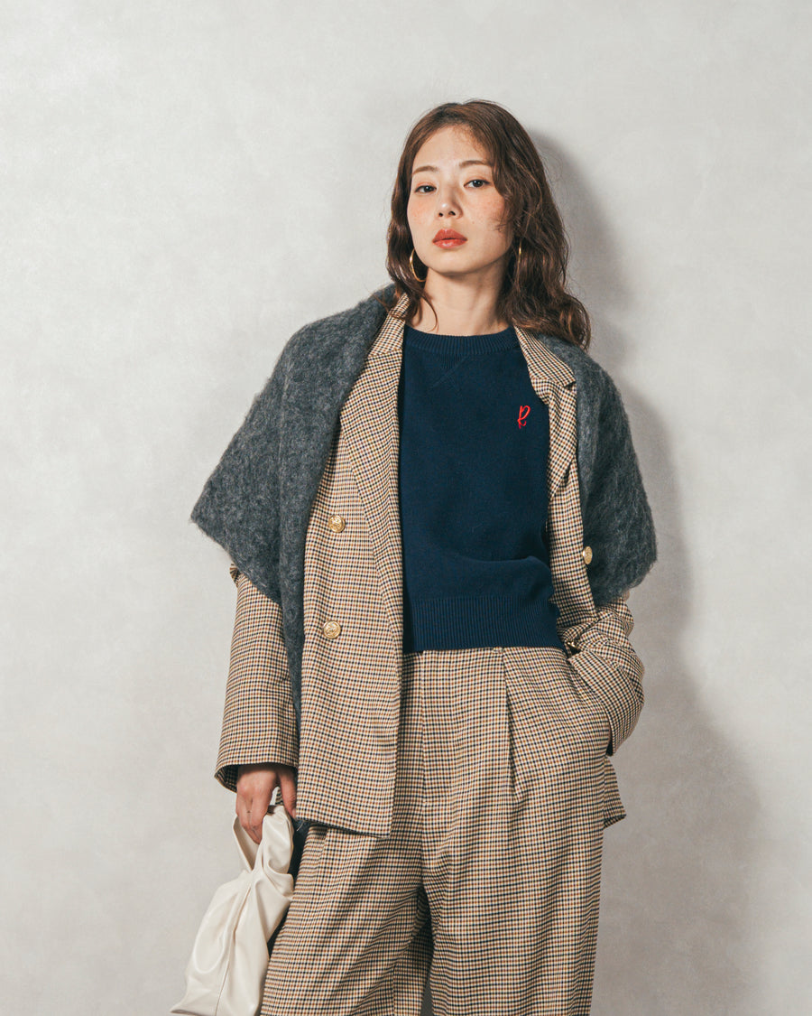 ［SET］スウェットライクロゴ刺繍ニット+Effortless チェックジャケット+Effortless チェックタックパンツ（3SET）