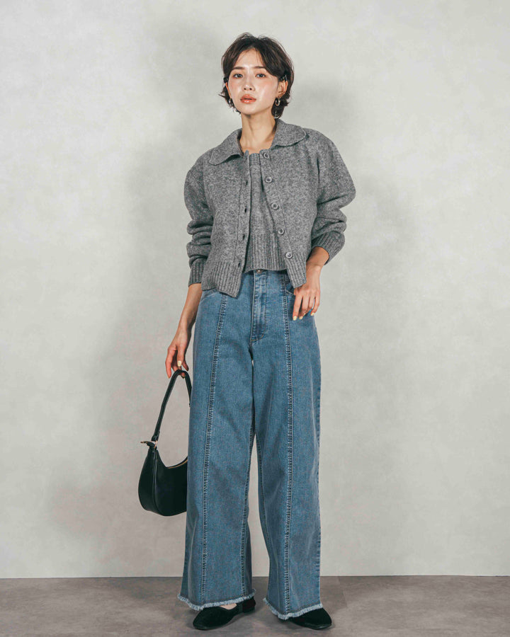 ［SET］Cloudyメランジ襟付きカーディガン+Cloudyメランジクロップドベスト+センターシーム リラックスワイドデニム（3SET）