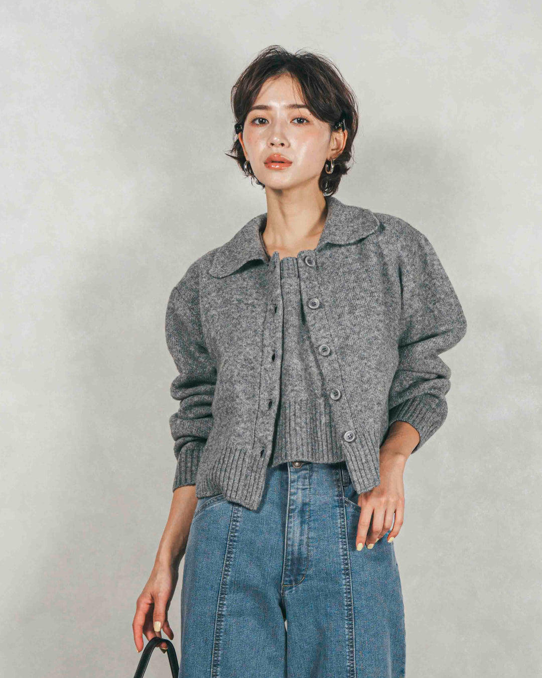 ［SET］Cloudyメランジ襟付きカーディガン+Cloudyメランジクロップドベスト+センターシーム リラックスワイドデニム（3SET）