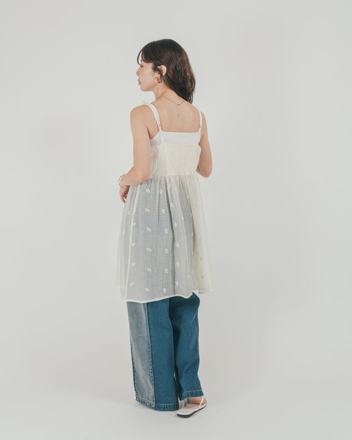 ［SET］ショルダーリボン刺繍Veilキャミ + 10oz サイドタック リラックスデニムパンツ（2SET）