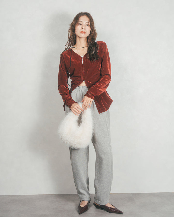 ［SET］ベロア Vネックカーディガン+2-Way ウェーブデザインスウェットパンツ（2SET）