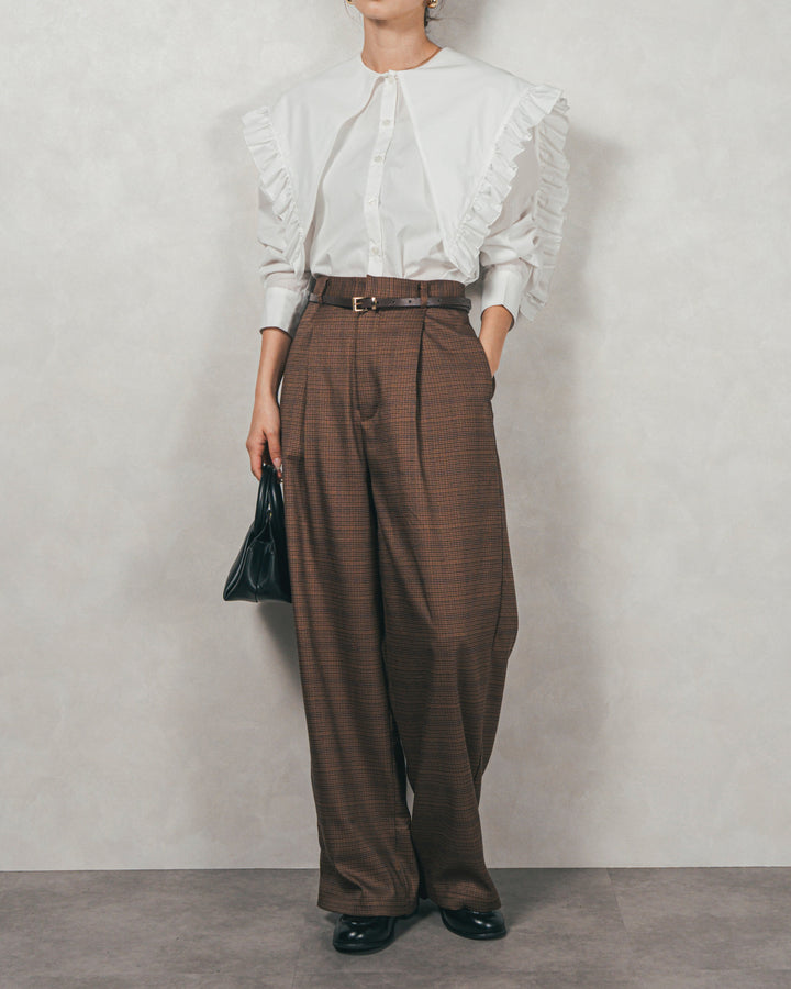 ［SET］2WAYビッグフリルカラーブラウス+Effortless チェックタックパンツ（2SET）