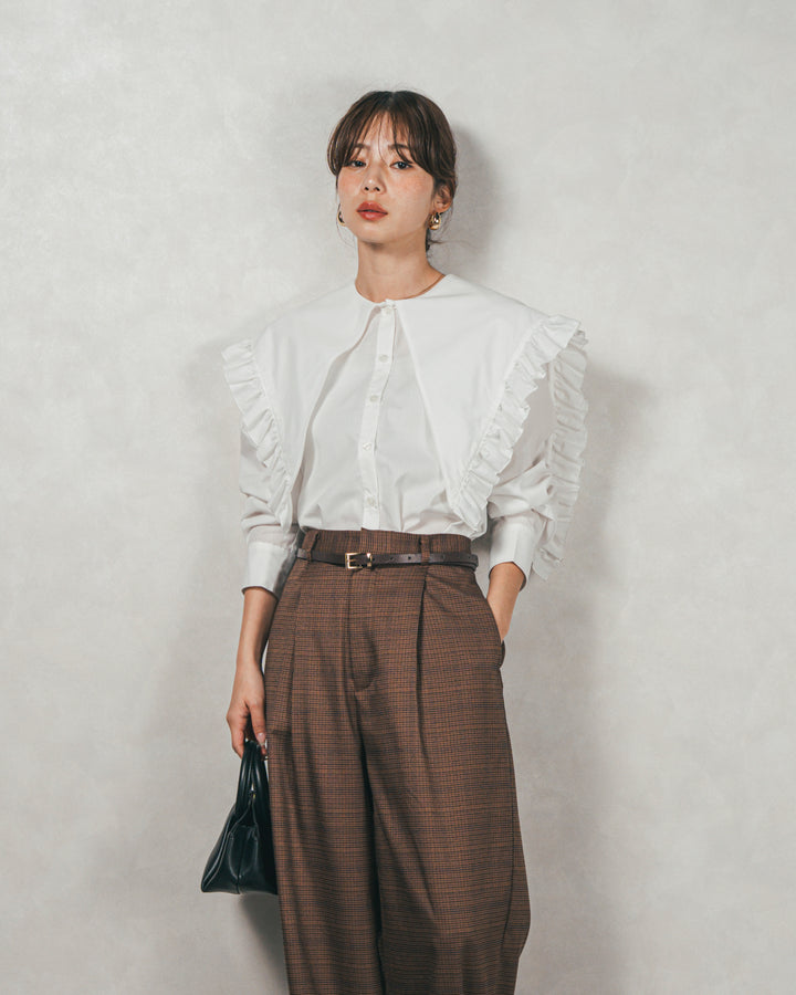 ［SET］2WAYビッグフリルカラーブラウス+Effortless チェックタックパンツ（2SET）