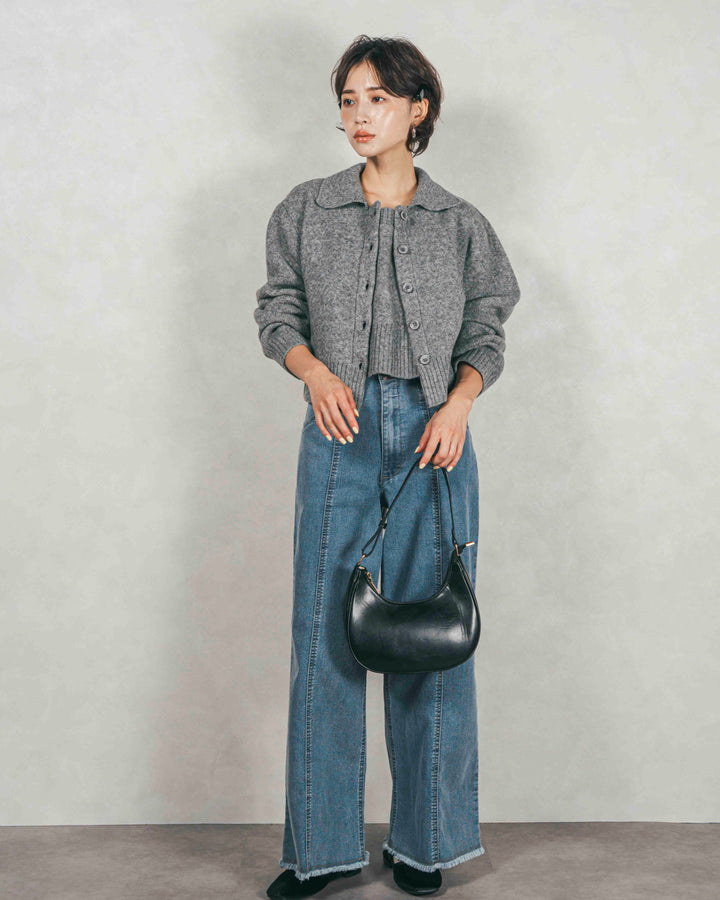 ［SET］Cloudyメランジ襟付きカーディガン+Cloudyメランジクロップドベスト+センターシーム リラックスワイドデニム（3SET）