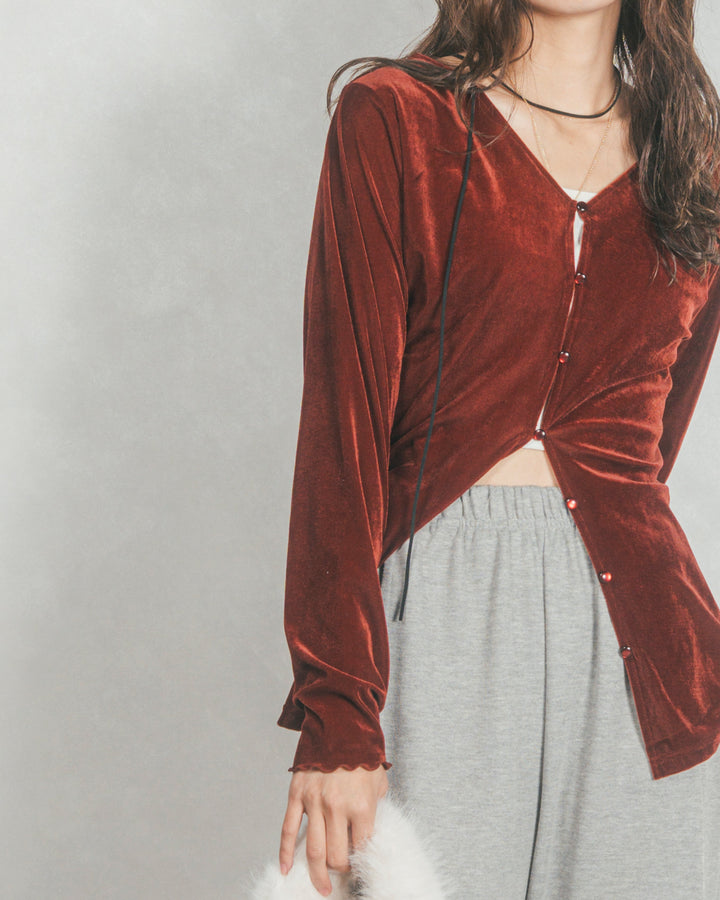 ベロア Vネックカーディガン (BORDEAUX)