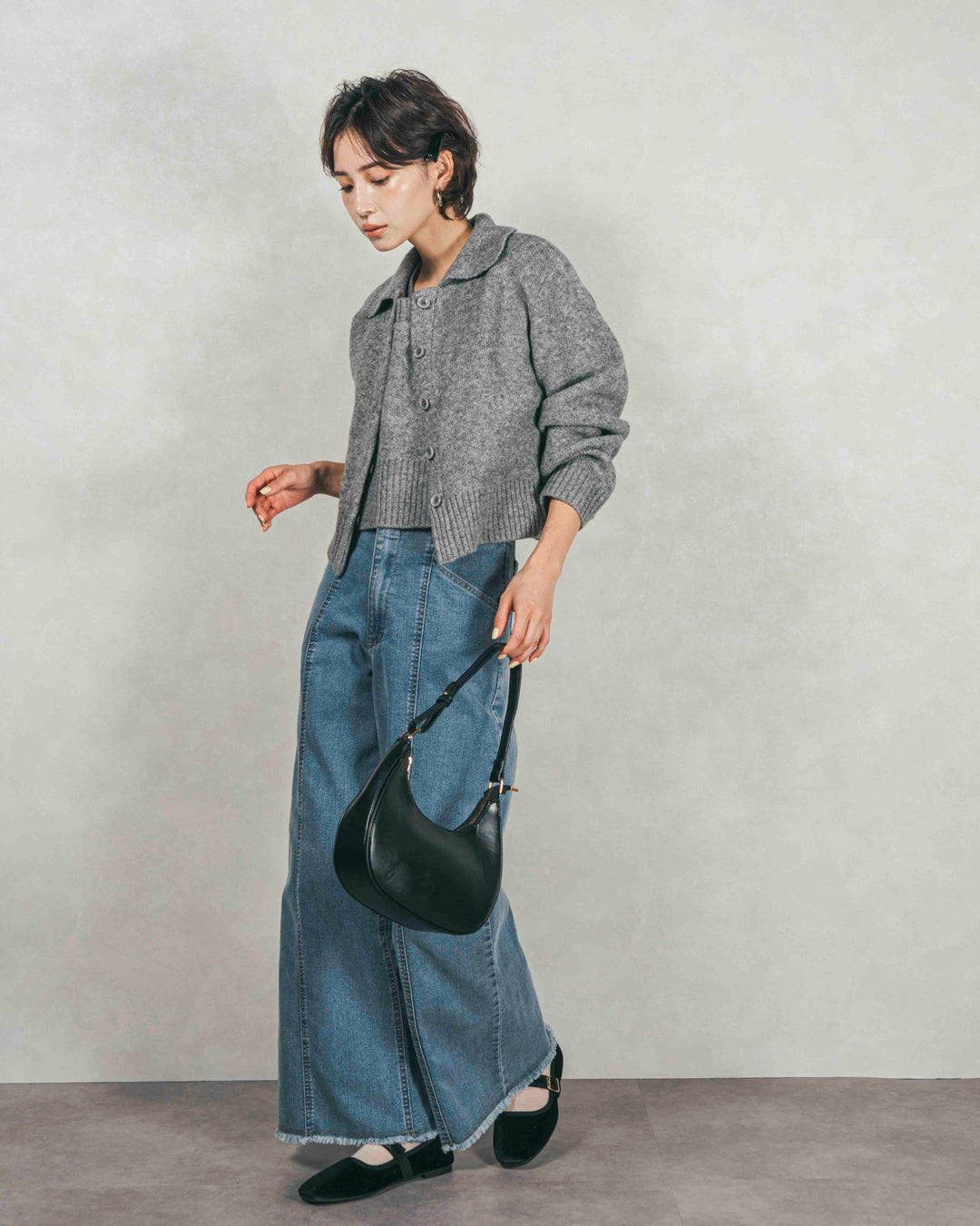 ［SET］Cloudyメランジ襟付きカーディガン+Cloudyメランジクロップドベスト+センターシーム リラックスワイドデニム（3SET）