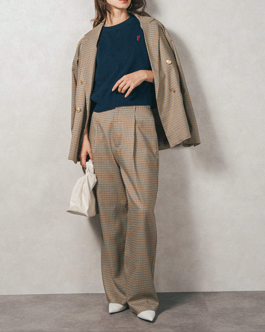 ［SET］スウェットライクロゴ刺繍ニット+Effortless チェックジャケット+Effortless チェックタックパンツ（3SET）