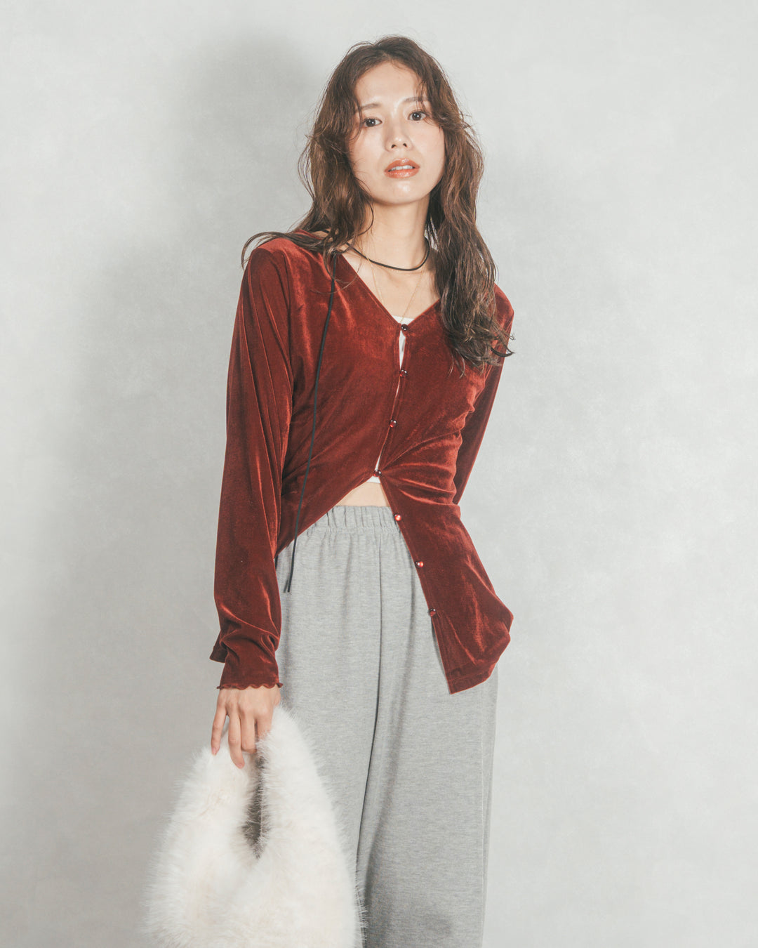 ［SET］ベロア Vネックカーディガン+2-Way ウェーブデザインスウェットパンツ（2SET）