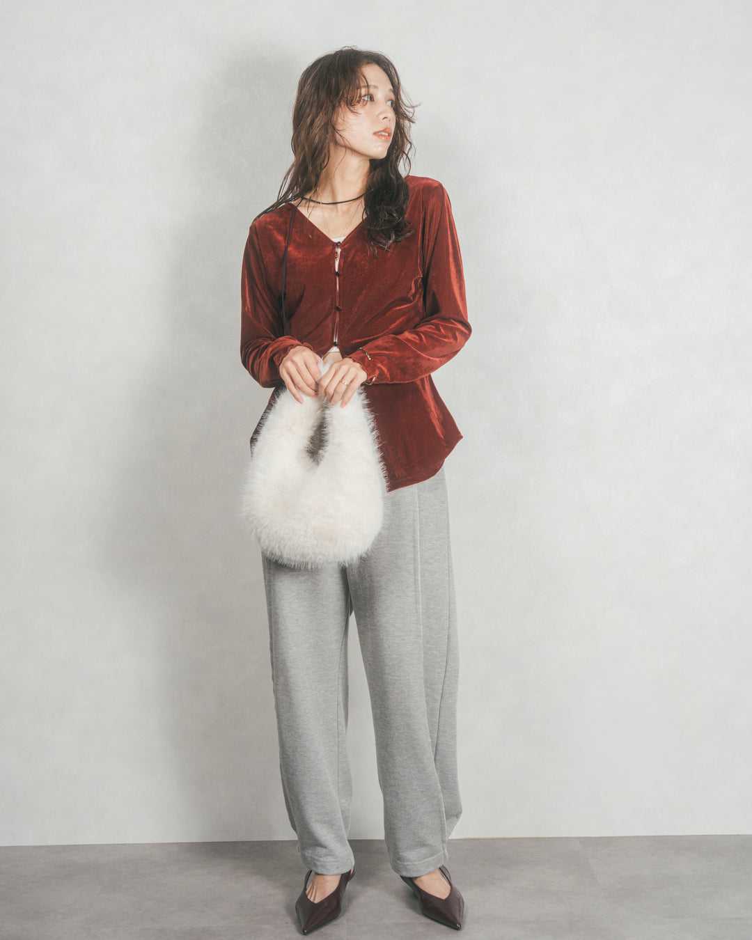 ［SET］ベロア Vネックカーディガン+2-Way ウェーブデザインスウェットパンツ（2SET）