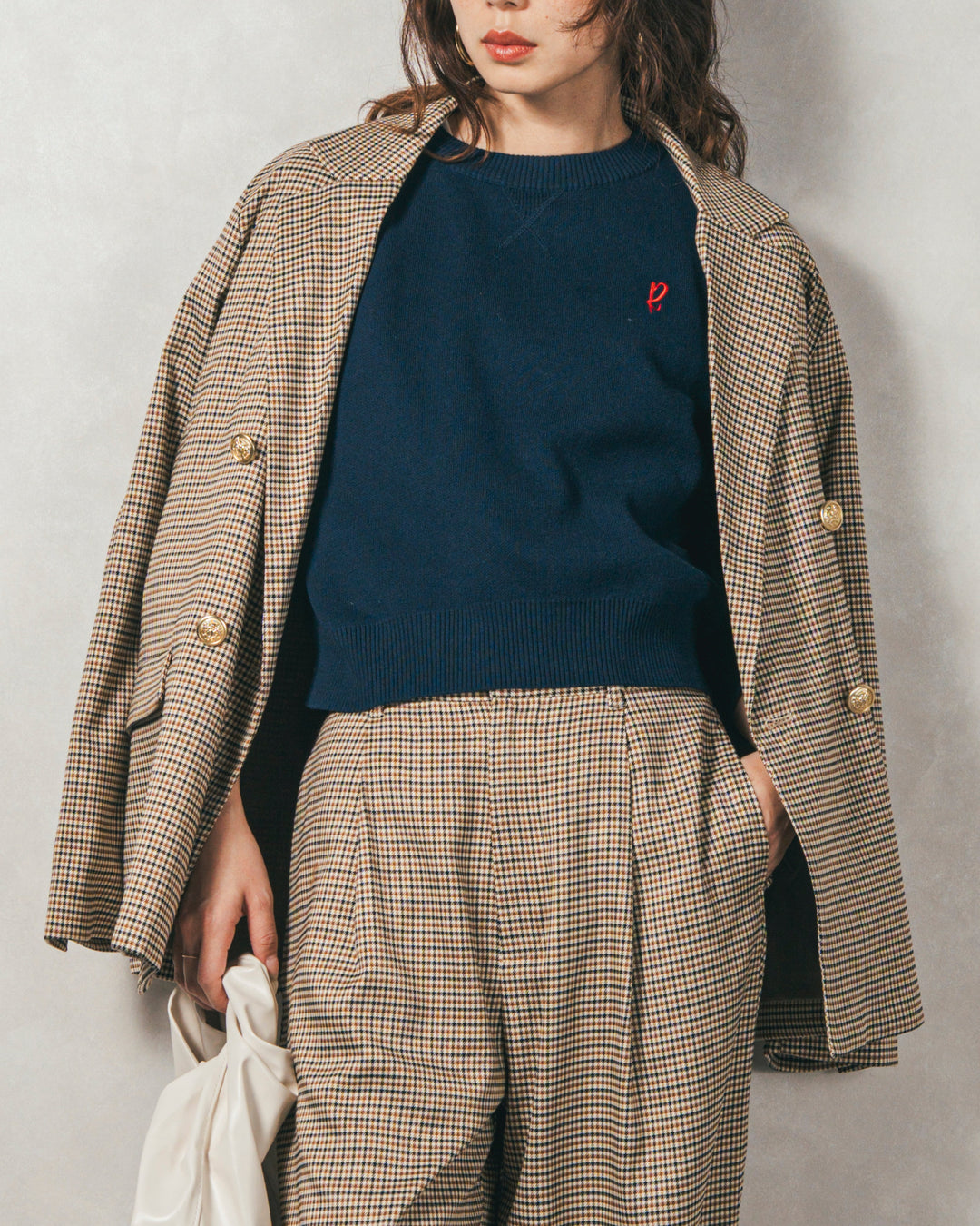 ［SET］スウェットライクロゴ刺繍ニット+Effortless チェックジャケット+Effortless チェックタックパンツ（3SET）