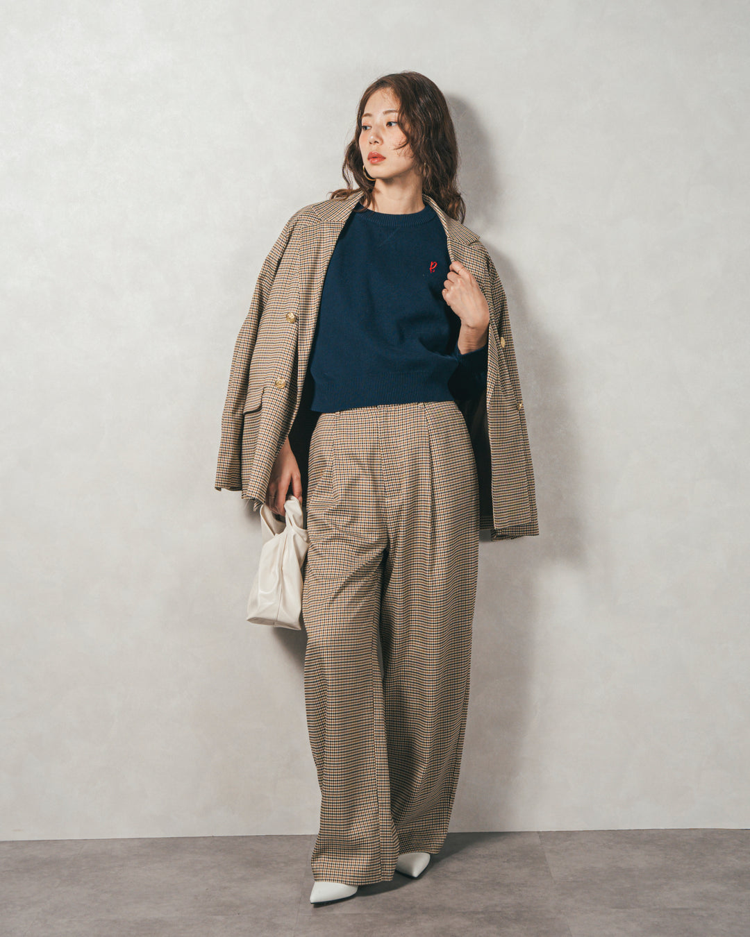 ［SET］スウェットライクロゴ刺繍ニット+Effortless チェックジャケット+Effortless チェックタックパンツ（3SET）