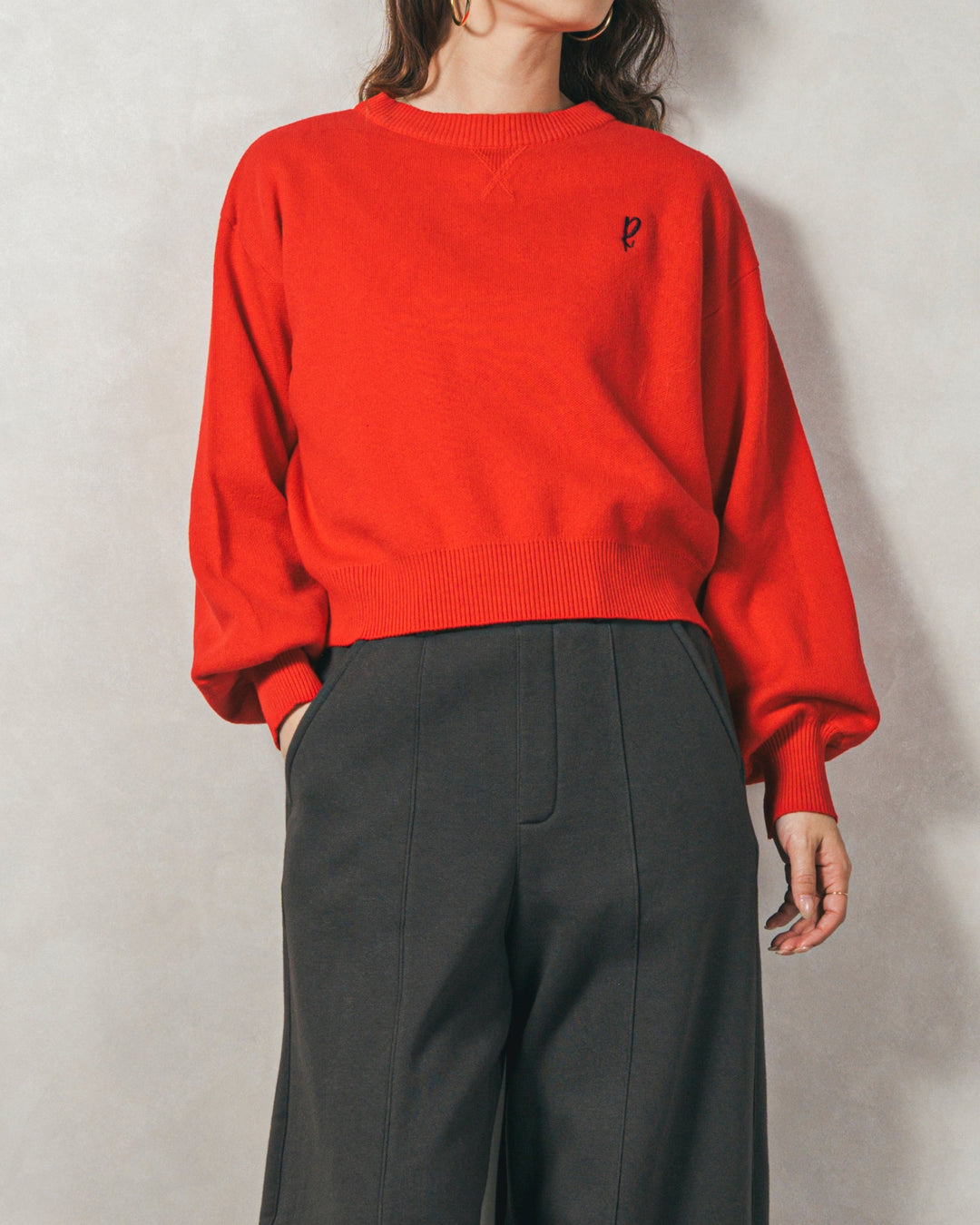 ［SET］スウェットライクロゴ刺繍ニット+Relax 裏起毛カーブパンツ（2SET）