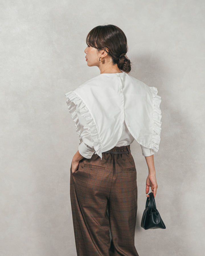 ［SET］2WAYビッグフリルカラーブラウス+Effortless チェックタックパンツ（2SET）