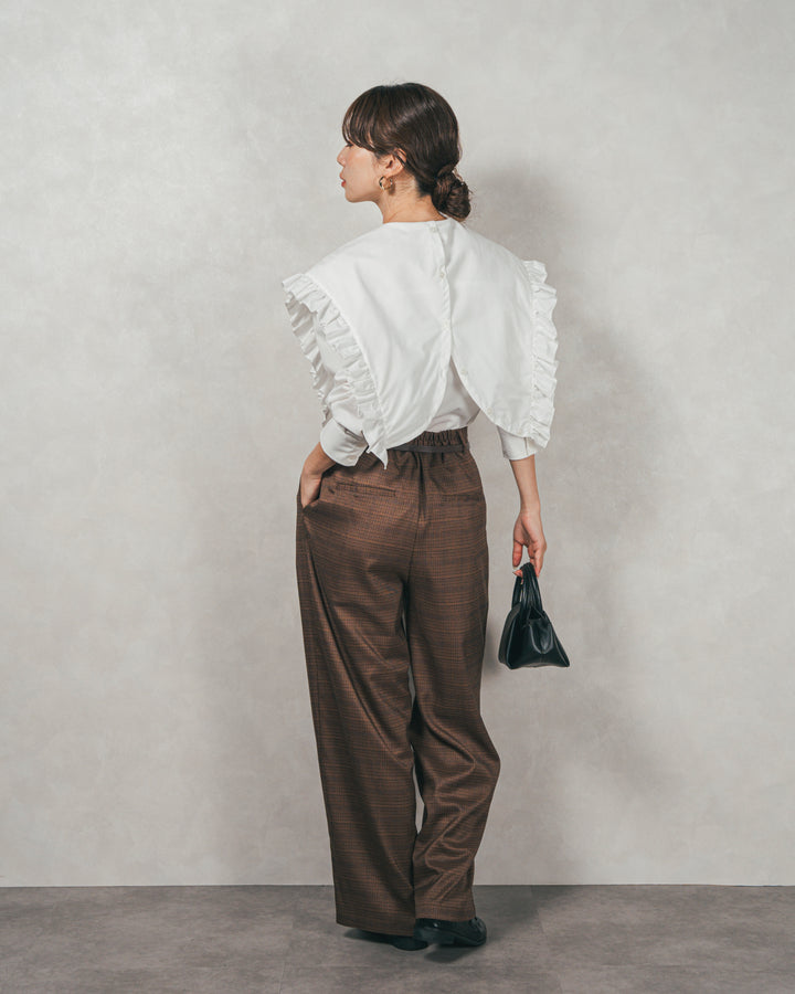 ［SET］2WAYビッグフリルカラーブラウス+Effortless チェックタックパンツ（2SET）