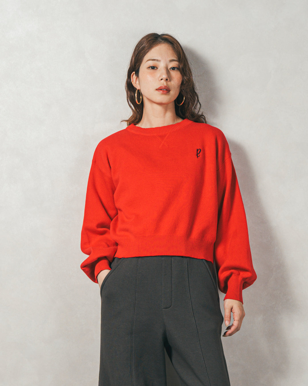 ［SET］スウェットライクロゴ刺繍ニット+Relax 裏起毛カーブパンツ（2SET）