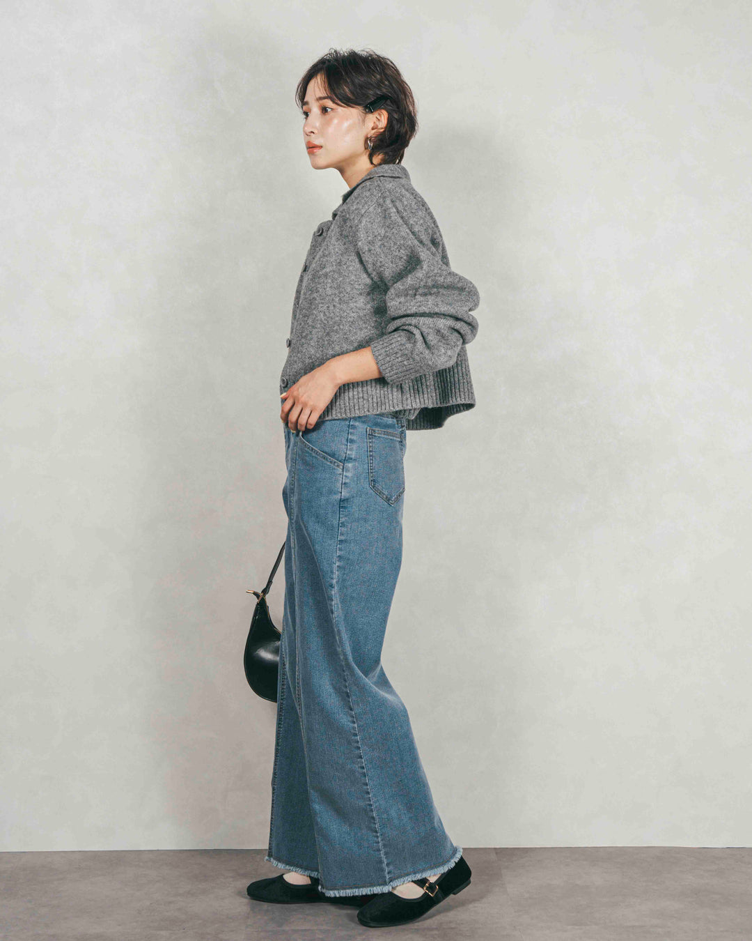 ［SET］Cloudyメランジ襟付きカーディガン+Cloudyメランジクロップドベスト+センターシーム リラックスワイドデニム（3SET）