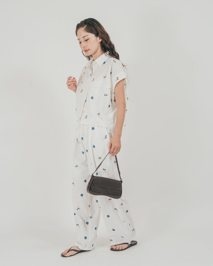 ［SET］Flower刺繍コクーンシャツ + Flower刺繍リラックスパンツ（2SET）