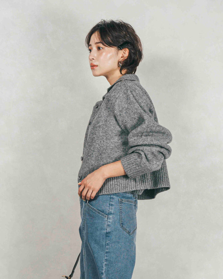 ［SET］Cloudyメランジ襟付きカーディガン+Cloudyメランジクロップドベスト+センターシーム リラックスワイドデニム（3SET）