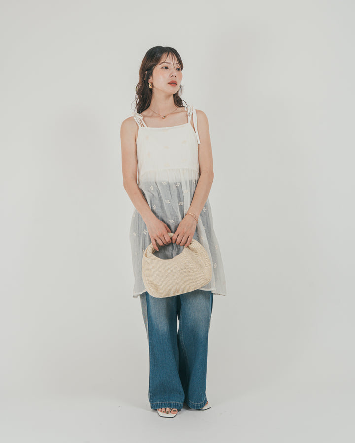［SET］ショルダーリボン刺繍Veilキャミ + 10oz サイドタック リラックスデニムパンツ（2SET）