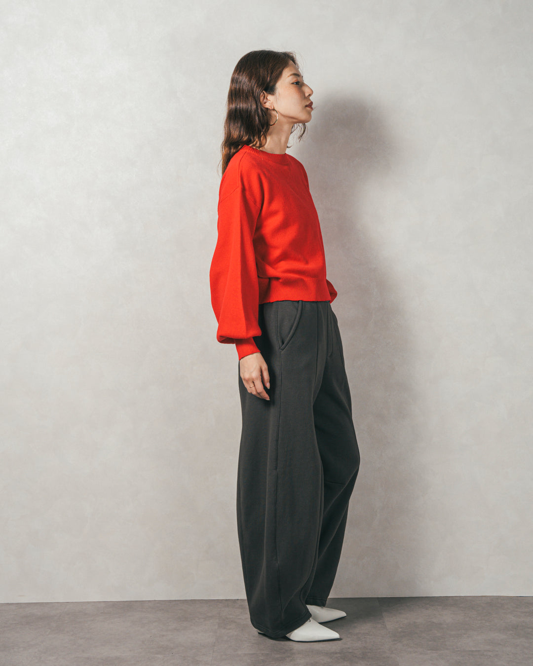 ［SET］スウェットライクロゴ刺繍ニット+Relax 裏起毛カーブパンツ（2SET）