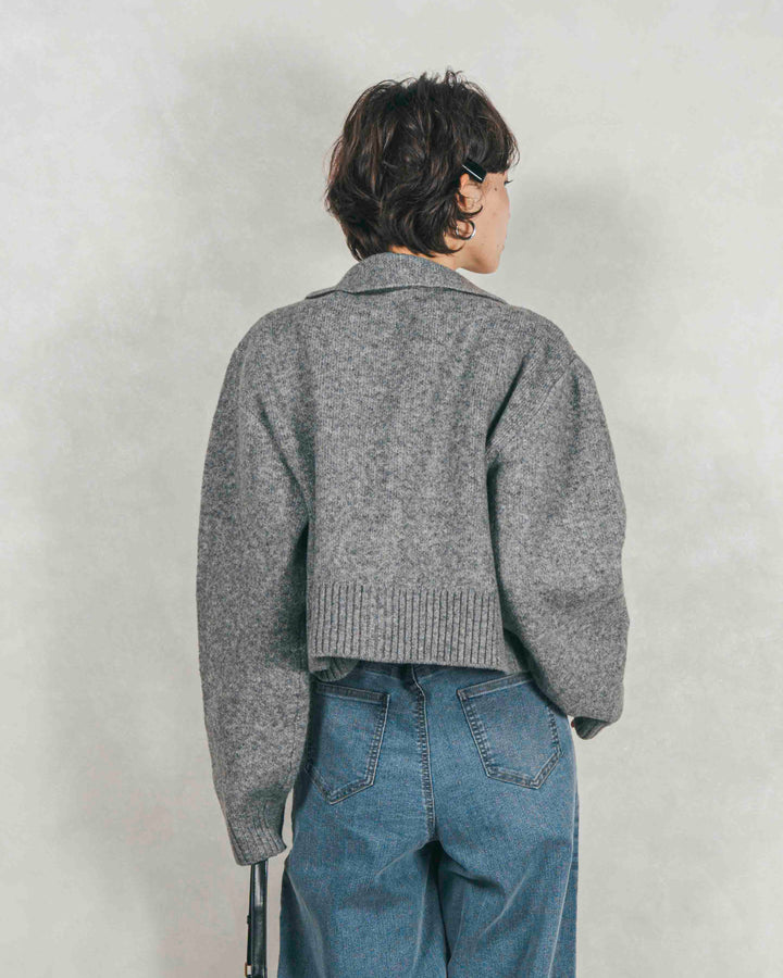 ［SET］Cloudyメランジ襟付きカーディガン+Cloudyメランジクロップドベスト+センターシーム リラックスワイドデニム（3SET）