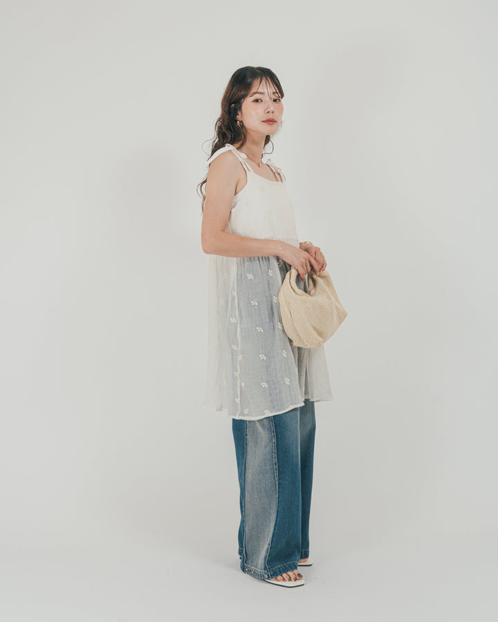 ［SET］ショルダーリボン刺繍Veilキャミ + 10oz サイドタック リラックスデニムパンツ（2SET）