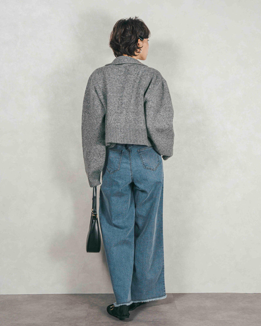 ［SET］Cloudyメランジ襟付きカーディガン+Cloudyメランジクロップドベスト+センターシーム リラックスワイドデニム（3SET）