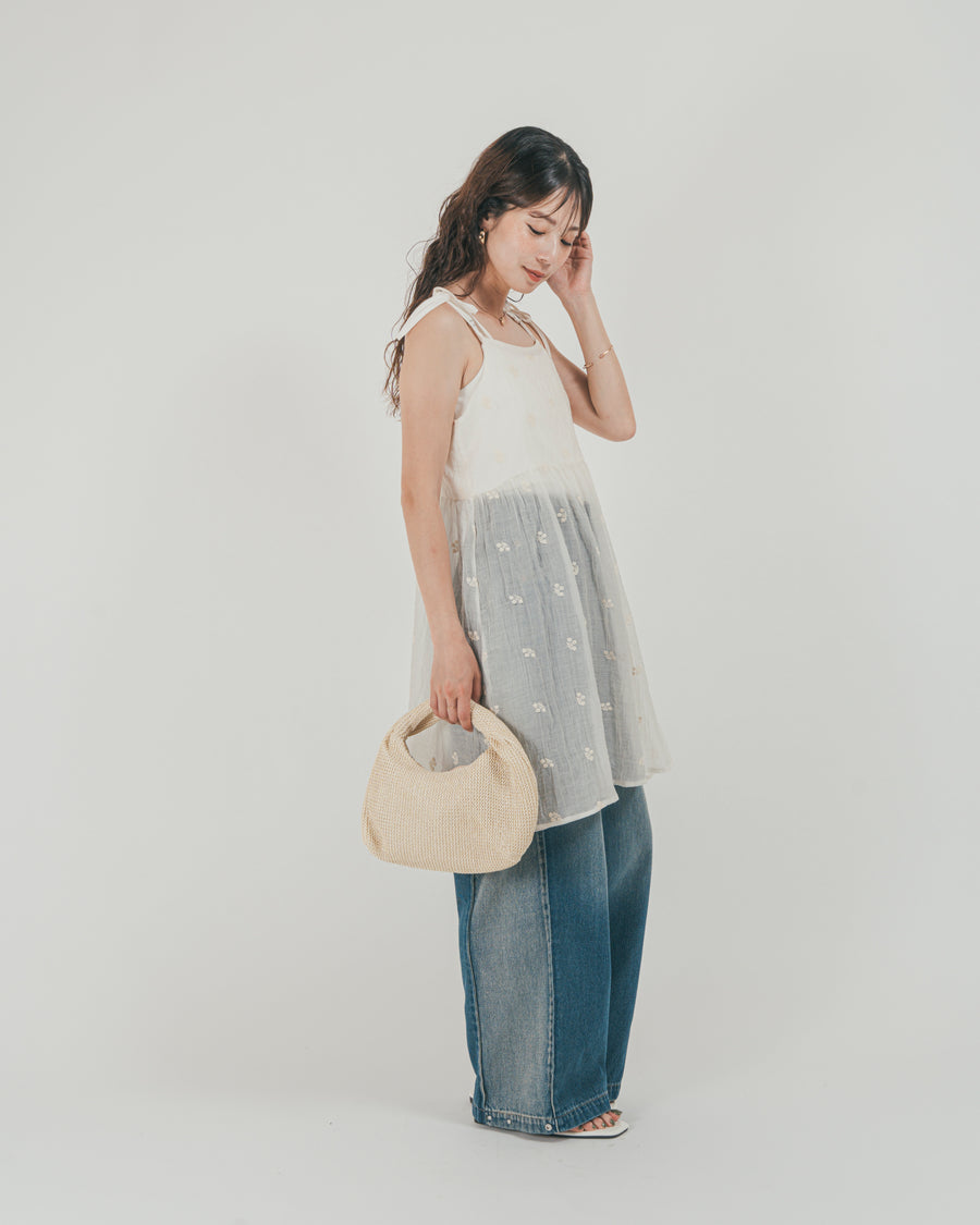 ［SET］ショルダーリボン刺繍Veilキャミ + 10oz サイドタック リラックスデニムパンツ（2SET）