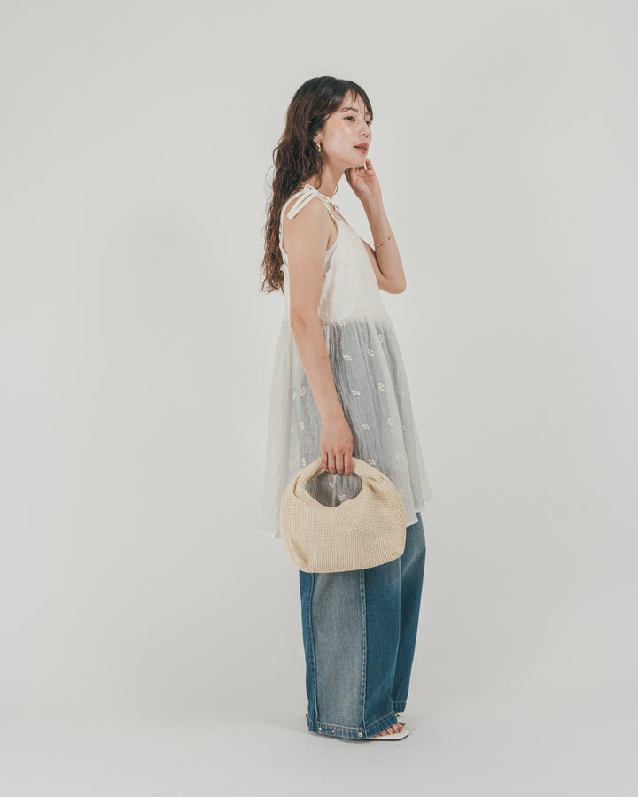 ［SET］ショルダーリボン刺繍Veilキャミ + 10oz サイドタック リラックスデニムパンツ（2SET）