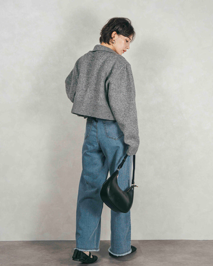 ［SET］Cloudyメランジ襟付きカーディガン+Cloudyメランジクロップドベスト+センターシーム リラックスワイドデニム（3SET）