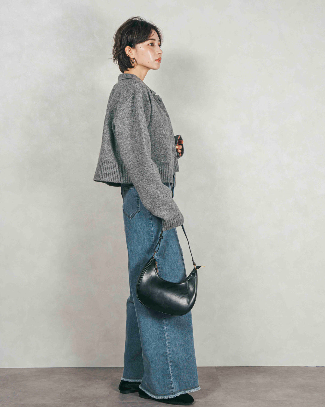 Cloudyメランジ襟付きカーディガン (GRAY)