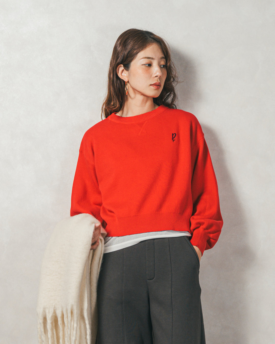 スウェットライクロゴ刺繍ニット (RED)