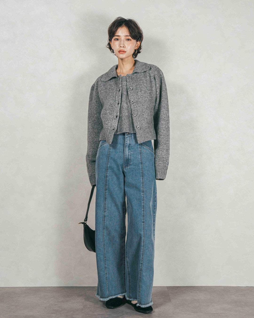 ［SET］Cloudyメランジ襟付きカーディガン+Cloudyメランジクロップドベスト+センターシーム リラックスワイドデニム（3SET）