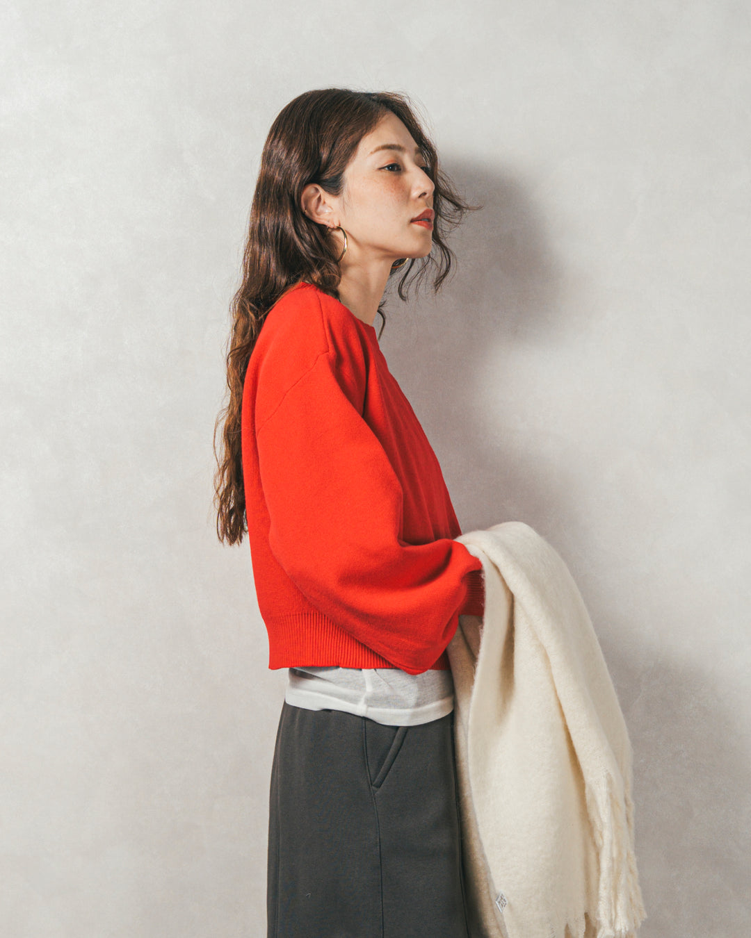 スウェットライクロゴ刺繍ニット (RED)