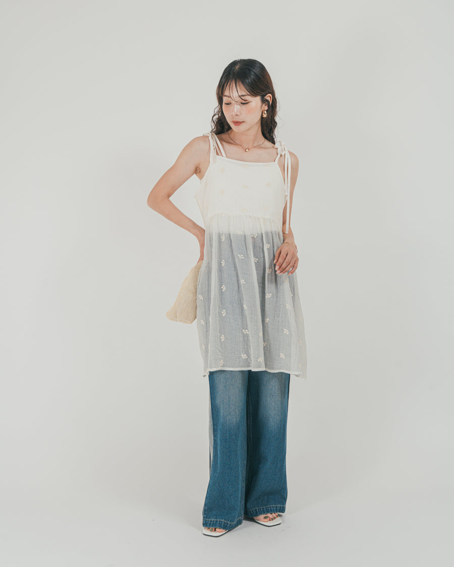 ［SET］ショルダーリボン刺繍Veilキャミ + 10oz サイドタック リラックスデニムパンツ（2SET）