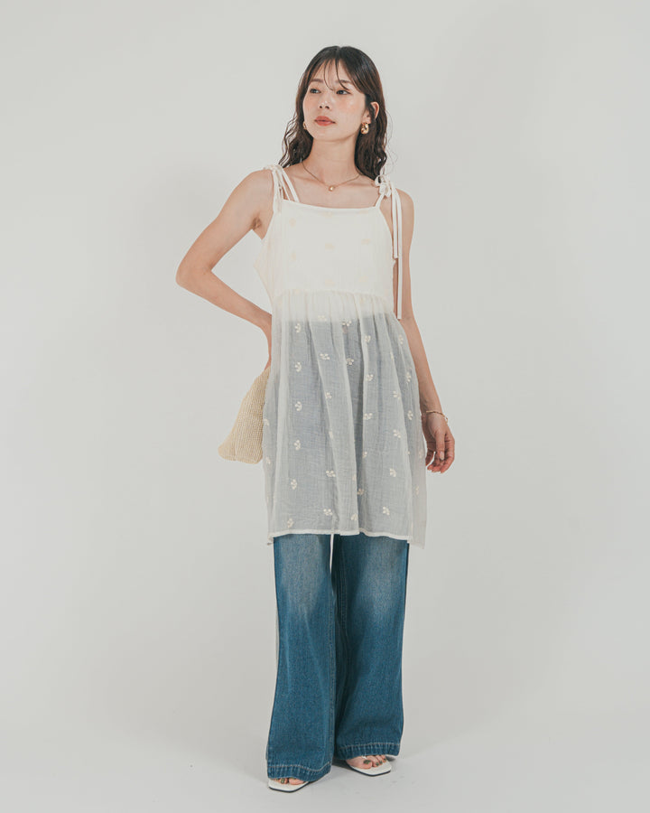［SET］ショルダーリボン刺繍Veilキャミ + 10oz サイドタック リラックスデニムパンツ（2SET）