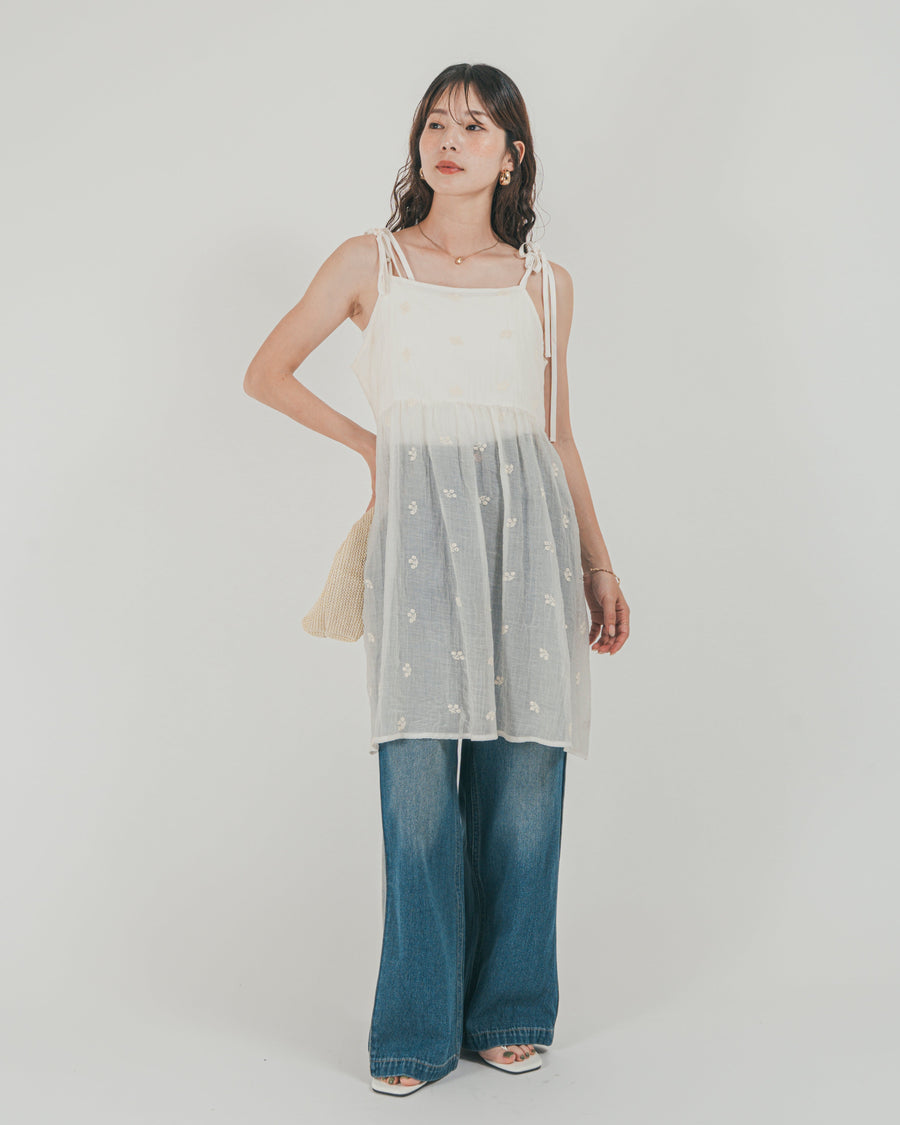 ［SET］ショルダーリボン刺繍Veilキャミ + 10oz サイドタック リラックスデニムパンツ（2SET）
