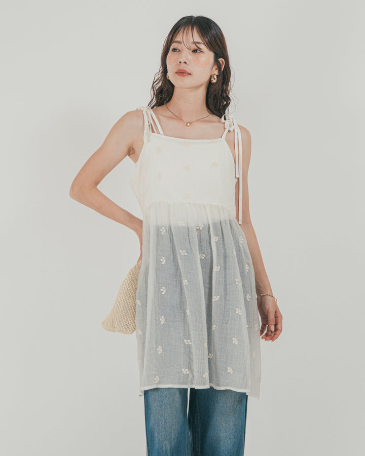 ［SET］ショルダーリボン刺繍Veilキャミ + 10oz サイドタック リラックスデニムパンツ（2SET）