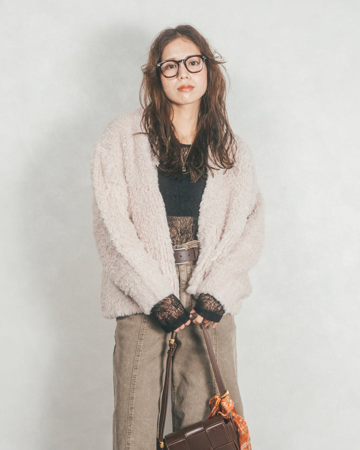 ［SET］ファーニットLuxeカーデコート+センターシーム リラックスワイドデニム（2SET）