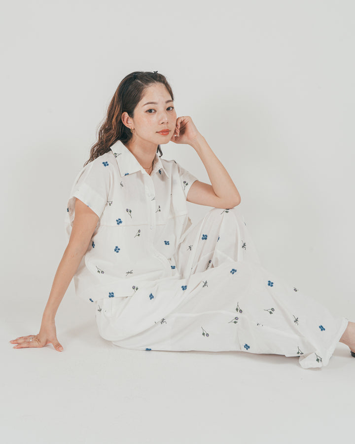 ［SET］Flower刺繍コクーンシャツ + Flower刺繍リラックスパンツ（2SET）
