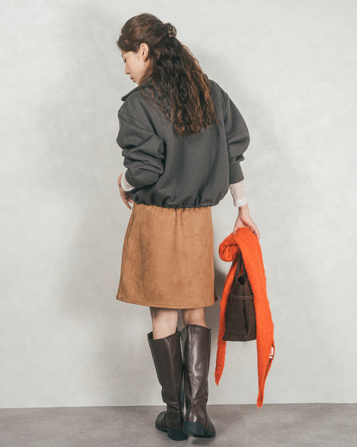 ［SET］裏起毛ハーフZipスウェット+スウェードライクラップスカート（2SET）