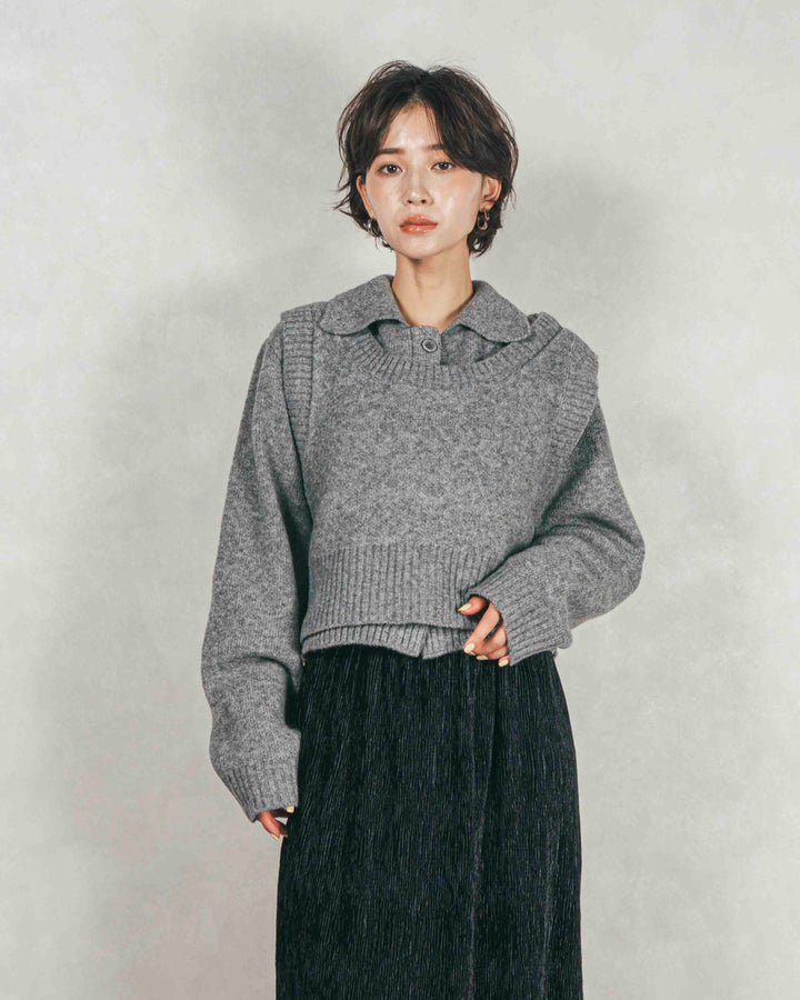 ［SET］Cloudyメランジ襟付きカーディガン+Cloudyメランジクロップドベスト+ベロアNarrowスカート（3SET）