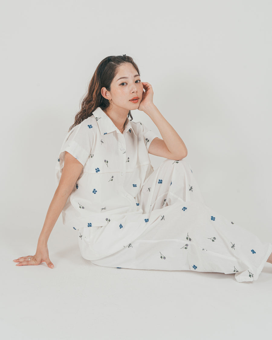［SET］Flower刺繍コクーンシャツ + Flower刺繍リラックスパンツ（2SET）