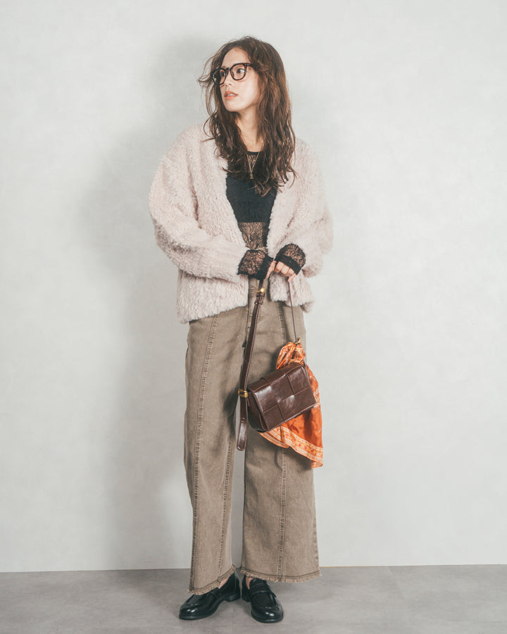 ［SET］ファーニットLuxeカーデコート+センターシーム リラックスワイドデニム（2SET）