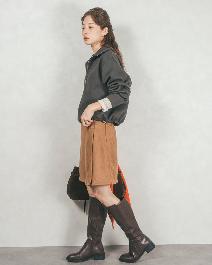 ［SET］裏起毛ハーフZipスウェット+スウェードライクラップスカート（2SET）